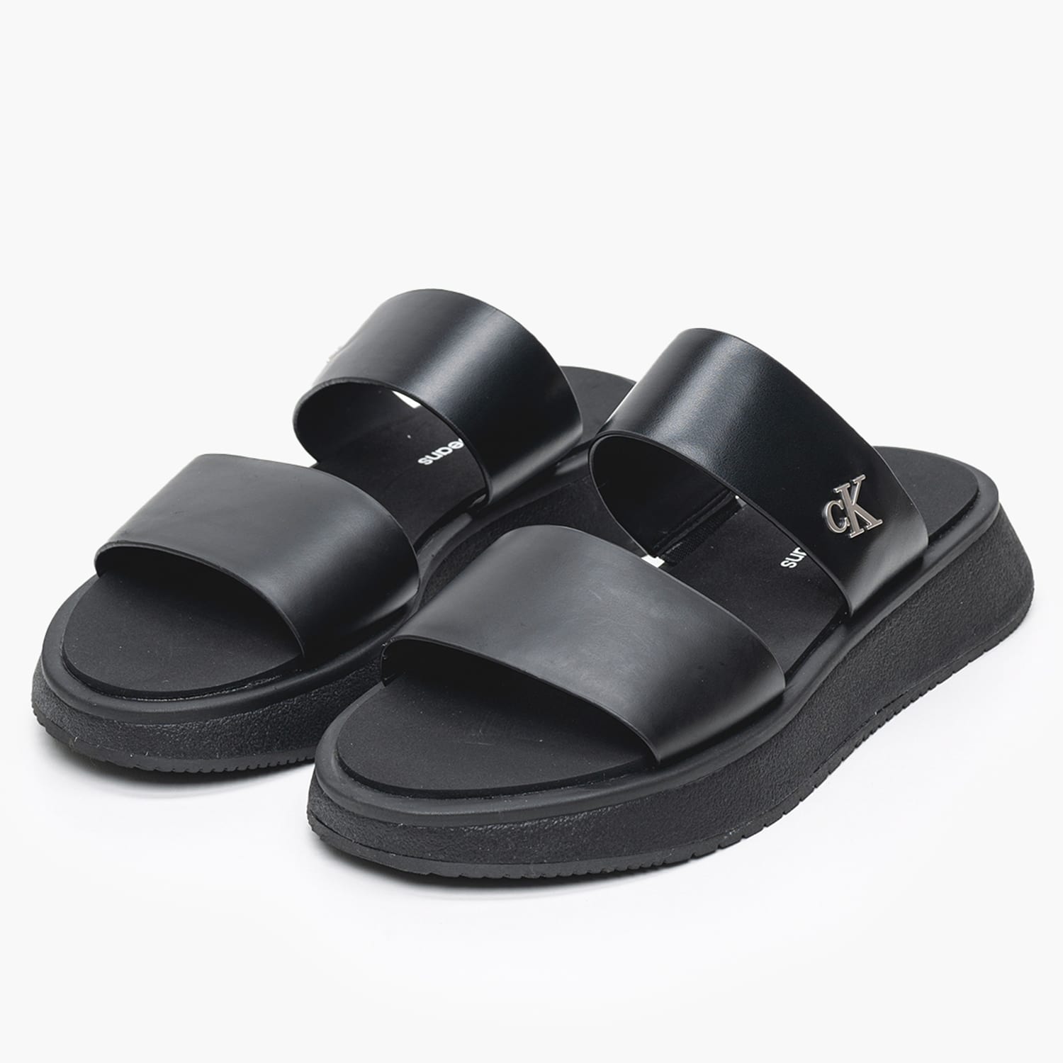 Women Platforms Low Sandal.Slide Black Leather Calvin Klein Women Platforms Low Sandal.Slide Black Leather Calvin Klein
